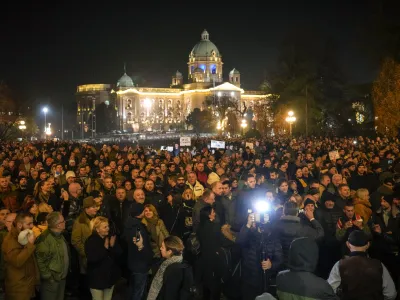 Opposition supporters take to the streets protesting in Belgrade, Serbia, Monday, Dec. 18, 2023. An early official vote count of Serbia's weekend election on Monday confirmed victory for the ruling populist party in a parliamentary vote in the Balkan country, but political tensions rose over reported irregularities in the capital, Belgrade. (AP Photo/Darko Vojinovic)