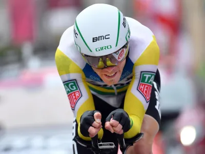 Australia's Rohan Dennis competes during the 16th stage of the Giro d'Italia cycling race, from from Trento to Rovereto, Italy, Tuesday, May 22, 2018. Britain's Simon Yates is still in control of the Giro d'Italia after the British rider limited his losses to closest rival Tom Dumoulin in the individual time trial on Tuesday. (Daniel Dal Zennaro/ANSA via AP)