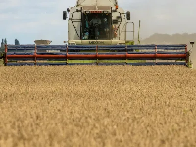 FILE PHOTO: A combine harvests wheat in a field near the village of Zghurivka, amid Russia's attack on Ukraine, in Kyiv region, Ukraine August 9, 2022. REUTERS/Viacheslav Musiienko/File Photo