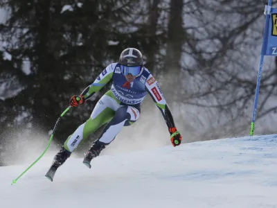 Slovenia's Ilka Stuhec speeds down the course during an alpine ski, women's World Cup super-G race, in Altenmarkt-Zauchensee, Austria, Friday, Jan. 12, 2024. (AP Photo/Marco Trovati)