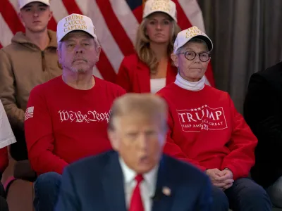 Republican presidential candidate former President Donald Trump participates in a virtual rally at Hotel Fort Des Moines in Des Moines, Iowa, Saturday, Jan. 13, 2024. (AP Photo/Andrew Harnik)