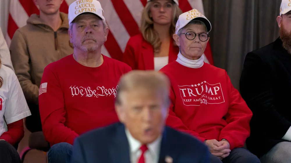 Republican presidential candidate former President Donald Trump participates in a virtual rally at Hotel Fort Des Moines in Des Moines, Iowa, Saturday, Jan. 13, 2024. (AP Photo/Andrew Harnik)