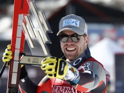 ﻿Norway's Aleksander Aamodt Kilde celebrates winning an alpine ski, men's World Cup super-G, in Kvitfjell, Norway, Sunday March 6, 2022. (AP Photo/Gabriele Facciotti)
