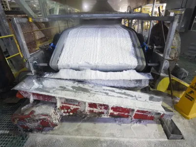 FILE - Technical grade lithium carbonate comes off a conveyor belt during a tour of the Silver Peak lithium mine on Jan. 30, 2017, near Tonopah, Nev. In an announcement Monday, Feb. 27, 2023, the U.S. Department of Energy will provide 5 million in loans to a battery recycling company to build its first, and one of the first, lithium ion battery recycling plants in North America. The DOE announcement came within hours of another announcement by American Battery Technology Company that it has discovered one of the largest known lithium deposits in the U.S. at Tonopah Flats. (Steve Marcus/Las Vegas Sun via AP)