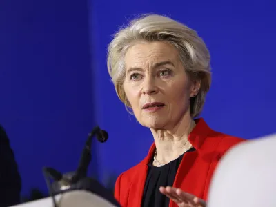 European Commission President Ursula von der Leyen, addresses journalists during a visit to Sarajevo, Bosnia and Herzegovina, January 23, 2024. REUTERS/Amel Emric