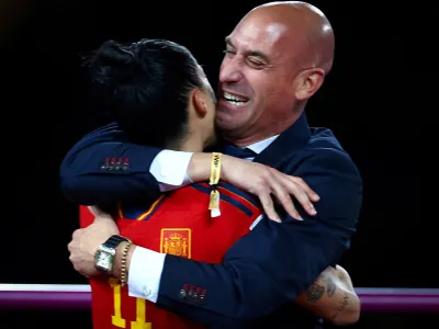 FILE PHOTO: Soccer Football - FIFA Women's World Cup Australia and New Zealand 2023 - Final - Spain v England - Stadium Australia, Sydney, Australia - August 20, 2023 Spain's Jennifer Hermoso celebrates with President of the Royal Spanish Football Federation Luis Rubiales after the match. REUTERS/Hannah Mckay/File Photo