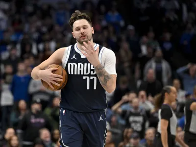 Jan 27, 2024; Dallas, Texas, USA; Dallas Mavericks guard Luka Doncic (77) reacts to a foul call during the second half against the Sacramento Kings at the American Airlines Center. Mandatory Credit: Jerome Miron-USA TODAY Sports