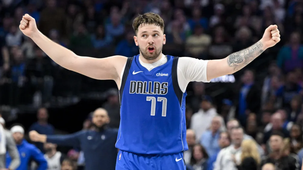 Jan 29, 2024; Dallas, Texas, USA; Dallas Mavericks guard Luka Doncic (77) reacts to a call during the second half against the Orlando Magic at the American Airlines Center. Mandatory Credit: Jerome Miron-USA TODAY Sports