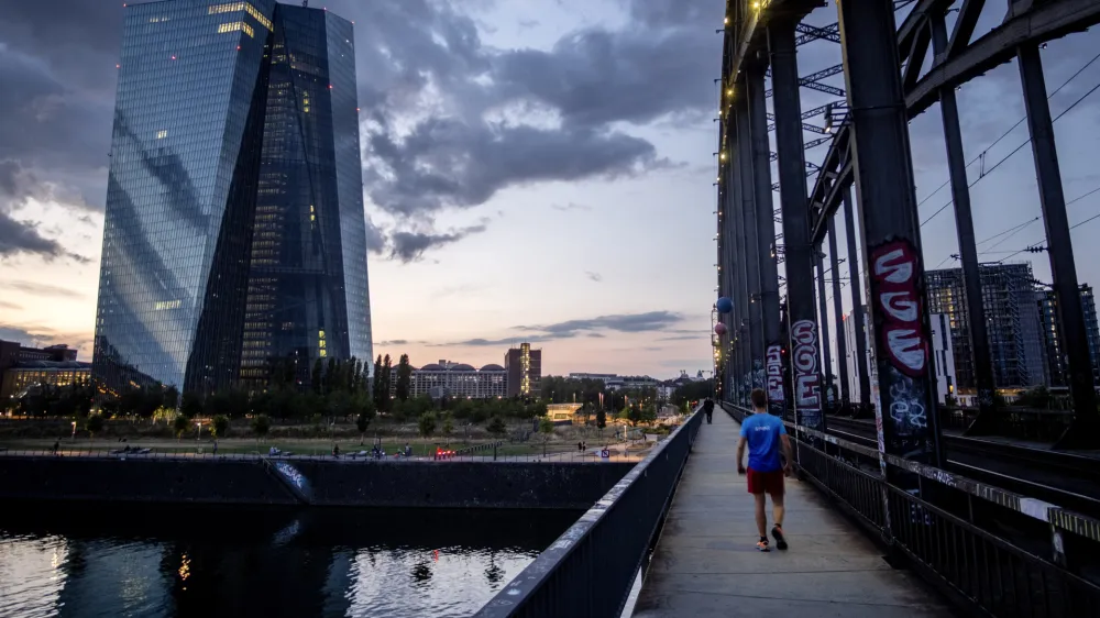 FILE - The European Central Bank is pictured in Frankfurt, Germany, Wednesday, July 26, 2023. The governing council of the ECB will meet on Thursday, July 27, 2023. Inflation in Europe edged lower in January to 2.8%, keeping alive speculation about quick interest rate cuts that would lower borrowing costs for businesses and consumers — and help boost the stagnating economy. (AP Photo/Michael Probst, File)