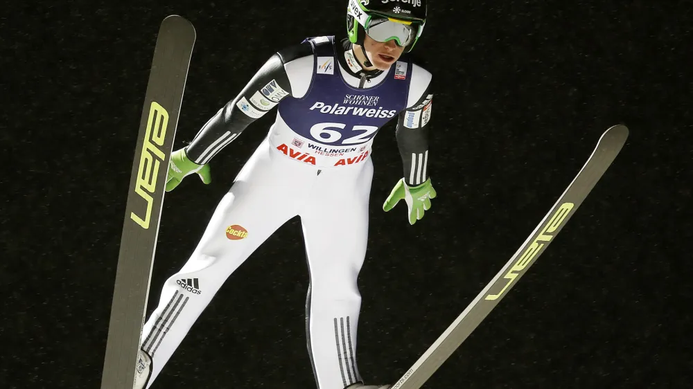 ﻿Slovenia's Peter Prevc soars through the air during the ski jumping World Cup in Willingen, Germany, Friday, Jan. 30, 2015. (AP Photo/Michael Probst)