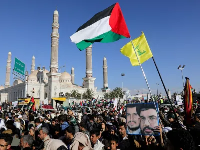 People take part in a weekly rally organised by the Houthis titled 'We Are With Gaza Until Victory,' amid the ongoing conflict between Israel and the Palestinian Islamist group Hamas, in Sanaa, Yemen February 2, 2024. REUTERS/Khaled Abdullah REFILE – REMOVING MENTION OF PLACARDS SHOWING THE HOUTHI SLOGAN