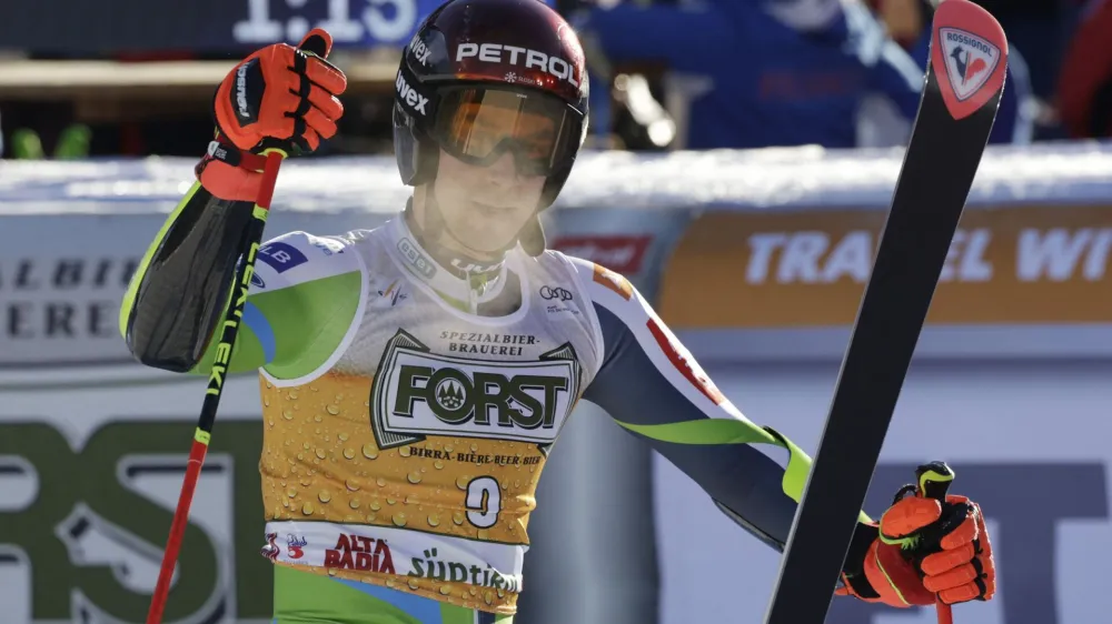 Alpine Skiing - FIS Alpine Ski World Cup - Men's Giant Slalom - Alta Badia, Italy - December 17, 2023 Slovenia's Zan Kranjec reacts after the second run REUTERS/Leonhard Foeger