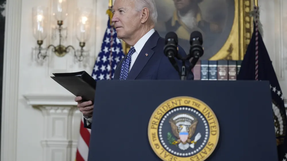 President Joe Biden steps away from the podium after speaking in the Diplomatic Reception Room of the White House, Thursday, Feb. 8, 2024, in Washington. (AP Photo/Evan Vucci)