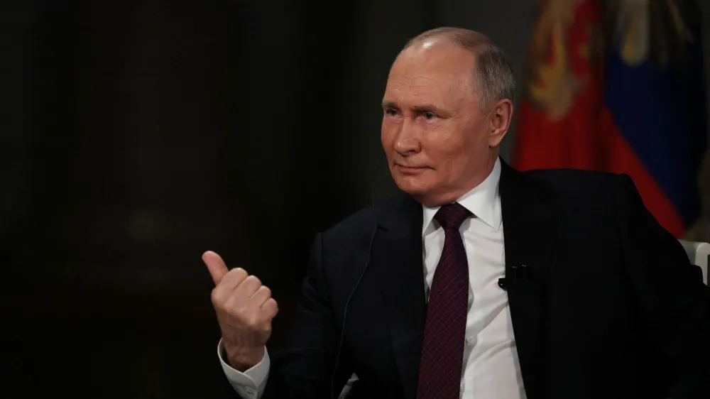 Russian President Vladimir Putin speaks during an interview with U.S. television host Tucker Carlson in Moscow, Russia February 6, 2024. Sputnik/Gavriil Grigorov/Kremlin via REUTERS ATTENTION EDITORS - THIS IMAGE WAS PROVIDED BY A THIRD PARTY.