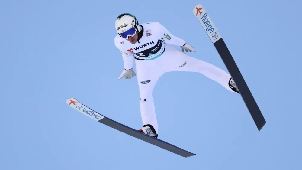 Ski Jumping - FIS Ski Jumping World Cup - Vikersund, Norway - March 17, 2024 Slovenia's Timi Zajc in action during the men's individual HS240 PHOTOGRAPHER/NTB via REUTERS ATTENTION EDITORS - THIS IMAGE WAS PROVIDED BY A THIRD PARTY. NORWAY OUT. NO COMMERCIAL OR EDITORIAL SALES IN NORWAY.