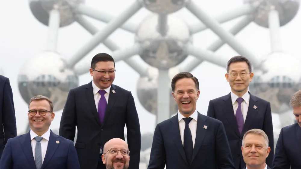 HANDOUT - 21 March 2024, Belgium, Brussels: European Council President Charles Michel poses with world leaders for a group photo in front of the Atomium, during the Nuclear energy summit in Brussels. Photo: Dario Pignatelli/European Council /dpa - ATTENTION: editorial use only and only if the credit mentioned above is referenced in full