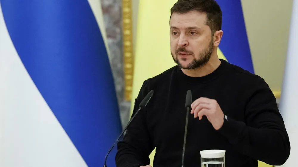 Ukraine's President Volodymyr Zelenskiy attends a joint news briefing with Finnish President Sauli Niinisto, amid Russia's attack on Ukraine, in Kyiv, Ukraine January 24, 2023. REUTERS/Valentyn Ogirenko