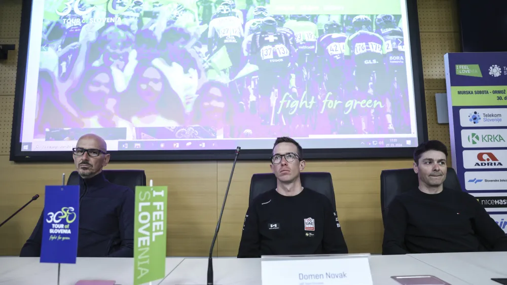 Mitja Mohorič, Domen Novak, Jure Golčer- 27.03.2024 - novinarska konferenca prirediteljev dirke po Sloveniji pred 30. izvedbo največje kolesarske dirke v Sloveniji //FOTO: Jaka Gasar