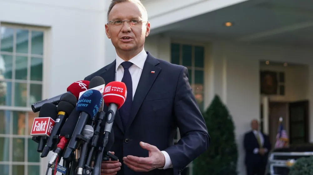Poland's President Andrzej Duda speaks outside the West Wing following the meeting with U.S. President Joe Biden, at the White House in Washington, U.S., March 12, 2024. REUTERS/Kevin Lamarque