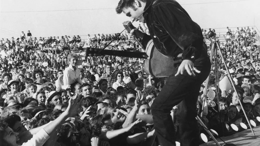 Elvis Presley performs, in this undated handout image. Elvis Presley Enterprises LLC/Handout via REUTERS THIS IMAGE HAS BEEN SUPPLIED BY A THIRD PARTY. NO RESALES. NO ARCHIVES. MANDATORY CREDIT. EDITORIAL USE FOR REPORTING ON "ELVIS EVOLUTION" ONLY. NO NEW USAGE AFTER 0001 GMT ON JANUARY 18, 2024.