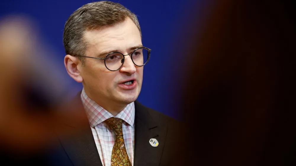 Ukrainian Foreign Minister Dmytro Kuleba speaks to the media at the international peace conference 'Restoring Justice for Ukraine' in The Hague, Netherlands, April 2, 2024. REUTERS/Piroschka van de Wouw