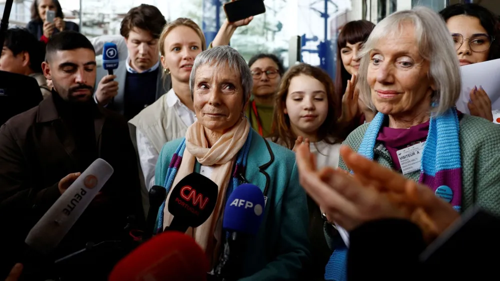 Anne Mahrer and Rosmarie Wydler-Walti, of the Swiss elderly women group Senior Women for Climate Protection, talk to journalists after the verdict of the court in the climate case Verein KlimaSeniorinnen Schweiz and Others v. Switzerland, at the European Court of Human Rights (ECHR) in Strasbourg, France April 9, 2024. REUTERS/Christian Hartmann