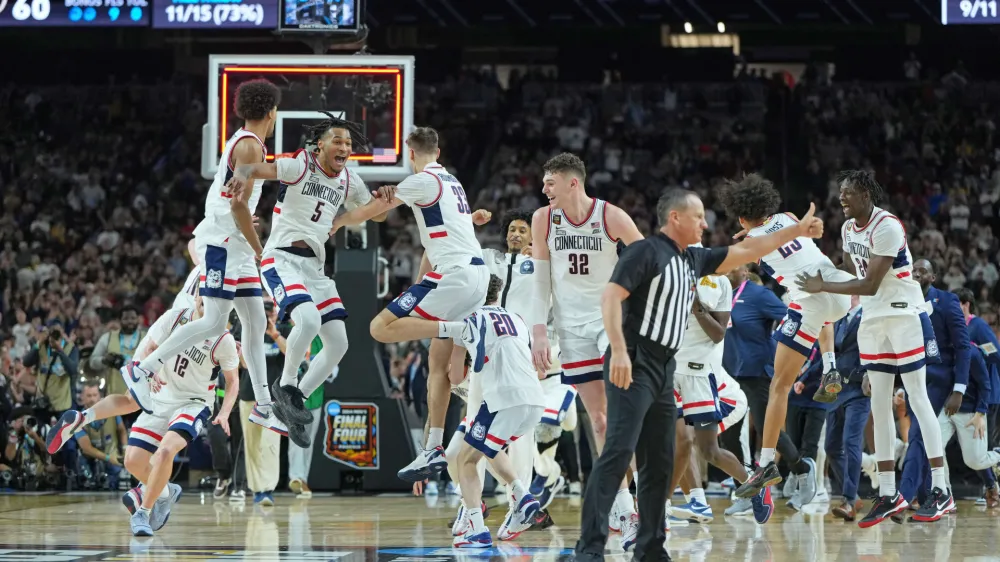 Apr 8, 2024; Glendale, AZ, USA; Connecticut Huskies after winning the national championship game of the Final Four of the 2024 NCAA Tournament against the Purdue Boilermakers at State Farm Stadium. Mandatory Credit: Bob Donnan-USA TODAY Sports