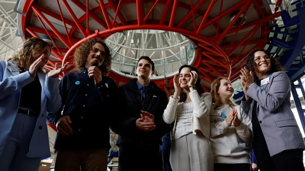 Claudia Duarte Agostinho, Martim Duarte Agostinho, Andre dos Santos Oliveira, Sofia dos Santos Oliveira, Mariana Duarte Agostinho, and Catarina dos Santos Mota, the six young Portuguese people, react after the verdict of the court in the climate case Duarte Agostinho and Others v. Portugal and 32 Other States, at the European Court of Human Rights (ECHR) in Strasbourg, France, April 9, 2024. REUTERS/Christian Hartmann