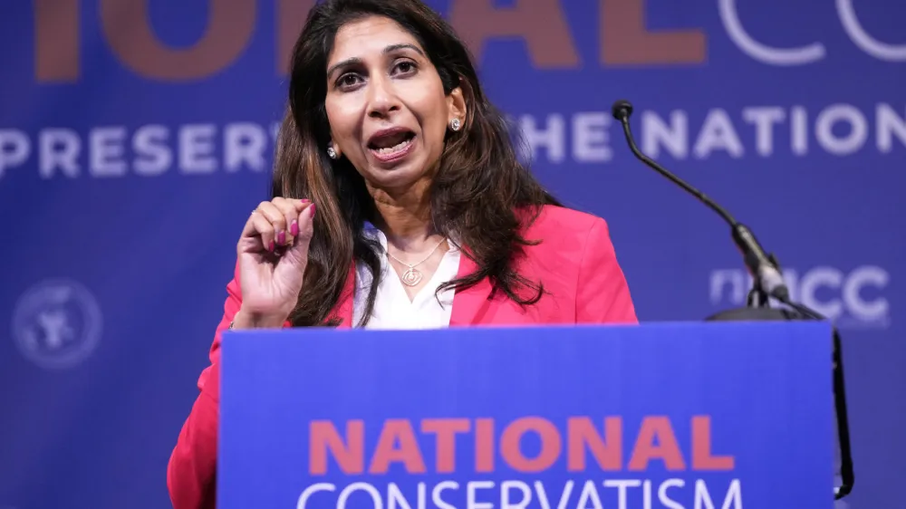 Former British Home Secretary Suella Braverman speaks during the National Conservatism conference in Brussels, Tuesday, April 16, 2024. (AP Photo/Virginia Mayo)