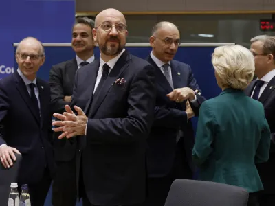 From left, Luxembourg's Prime Minister Luc Frieden, Greece's Prime Minister Kyriakos Mitsotakis, European Council President Charles Michel, author of the High-Level Report on the future of the Single Market Enrico Letta, European Commission President Ursula von der Leyen and Finland's Prime Minister Petteri Orpo speak during a round table meeting at an EU summit in Brussels, Thursday, April 18, 2024. European Union leaders vowed on Wednesday to ramp up sanctions against Iran as concern grows that Tehran's unprecedented attack on Israel could fuel a wider war in the Middle East. (AP Photo/Omar Havana)