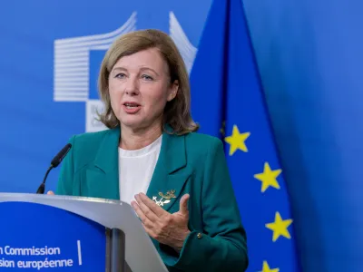 HANDOUT - 26 September 2023, Belgium, Brussels: Vice President of the European Commission for Values and Transparency Vera Jourova gives a press conference. Jourova called on social media platforms to take action and singled out the Kremlin as one of the main drivers behind misleading online content targeted at users in the European Union. Photo: Jennifer Jacquemart/European Commission/dpa - ATTENTION: editorial use only and only if the credit mentioned above is referenced in full