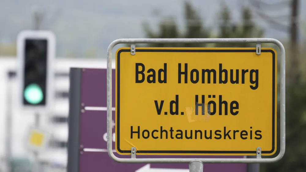 The town sign of Bad Homburg in the Taunus, Germany, Monday April 22, 2024. Three people suspected of spying for China and facilitating the transfer of information on technology with potential military uses were arrested in Germany on Monday. The homes and offices of the suspects, who were arrested in Duesseldorf and in Bad Homburg, near Frankfurt, were searched. (Boris Roessler/dpa via AP)
