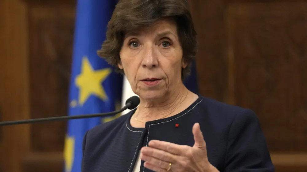 FILE - French Foreign Minister Catherine Colonna speaks during a press conference in Beirut, Lebanon, Dec. 18, 2023. An independent review released Monday, April 22, 2023, of the neutrality of UNRWA, the U.N. agency helping Palestinian refugees, has found that Israel never expressed concern about anyone on the staff lists it has received annually since 2011. The review was carried out after Israel alleged that a dozen employees of the agency had participated in Hamas' Oct. 7 attacks. The independent panel, led by Colonna, said UNRWA has "robust" procedures to uphold the U.N. principle of neutrality. (AP Photo/Hussein Malla, File)