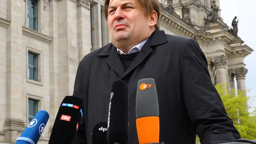 Maximilian Krah, member of the European Parliament for the far-right Alternative for Germany and AfD's top candidate in June's election to the assembly, gives a statement, after an aide has been arrested in Germany on suspicion of "especially severe" espionage for China, in Berlin, Germany, April 24, 2024.   REUTERS/Fabrizio Bensch