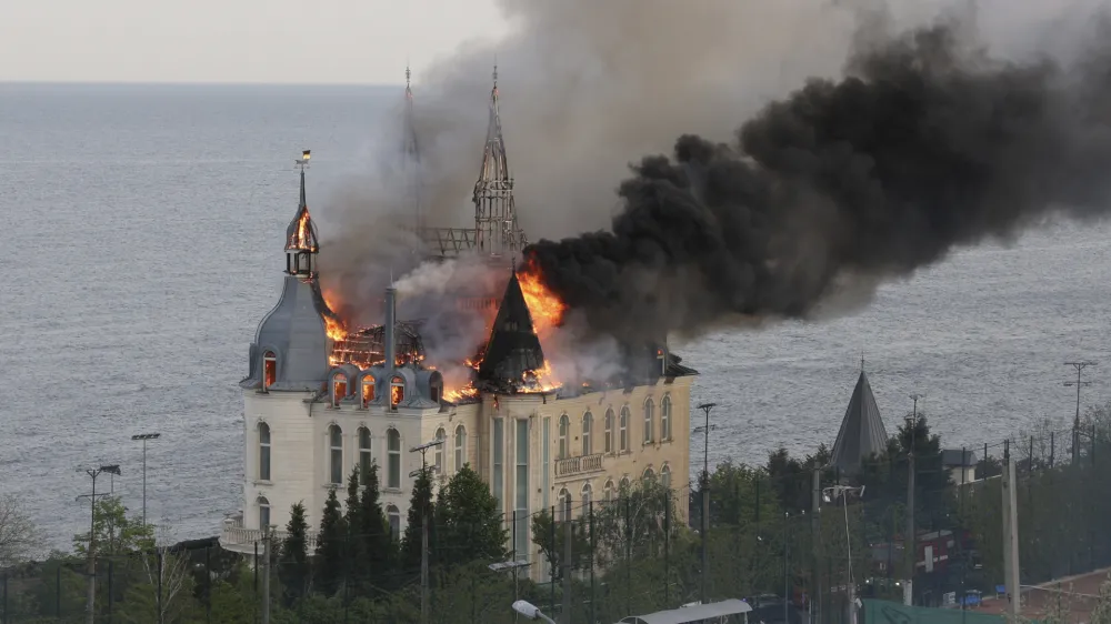 A building of the Odessa Law Academy is on fire after a Russian missile attack in Odessa, Ukraine, Monday, April 29, 2024. (AP Photo/Victor Sajenko)