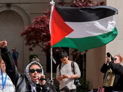 Students protest where they camp outside the entrance to Hamilton Hall on the campus of Columbia University, in New York, U.S., April 30, 2024. Mary Altaffer/Pool via REUTERS
