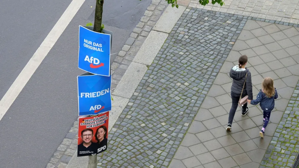 People walk past a tree with placards of SPD and AfD parties on the day of a protest for democracy and against violence on Matthias Ecke, a member of the European Parliament, in Dresden, Germany, May 5, 2024. REUTERS/Matthias Rietschel