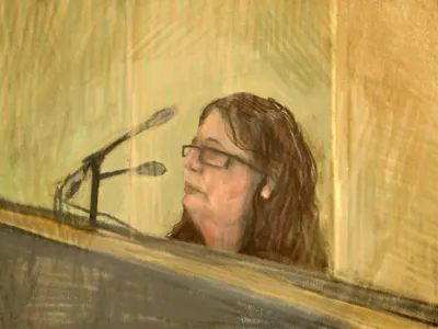 In this courtroom sketch, Erin Patterson appears in Latrobe Valley Magistrates Court, Victoria, Nov. 3, 2023. Patterson, accused of serving her ex-husband's parents and an aunt poisonous mushrooms with lunch, has pleaded not guilty in an Australian court, Tuesday, May 7, 2024, on three counts of murder and five of attempted murder. (Anita Lester/AAP Image via AP)
