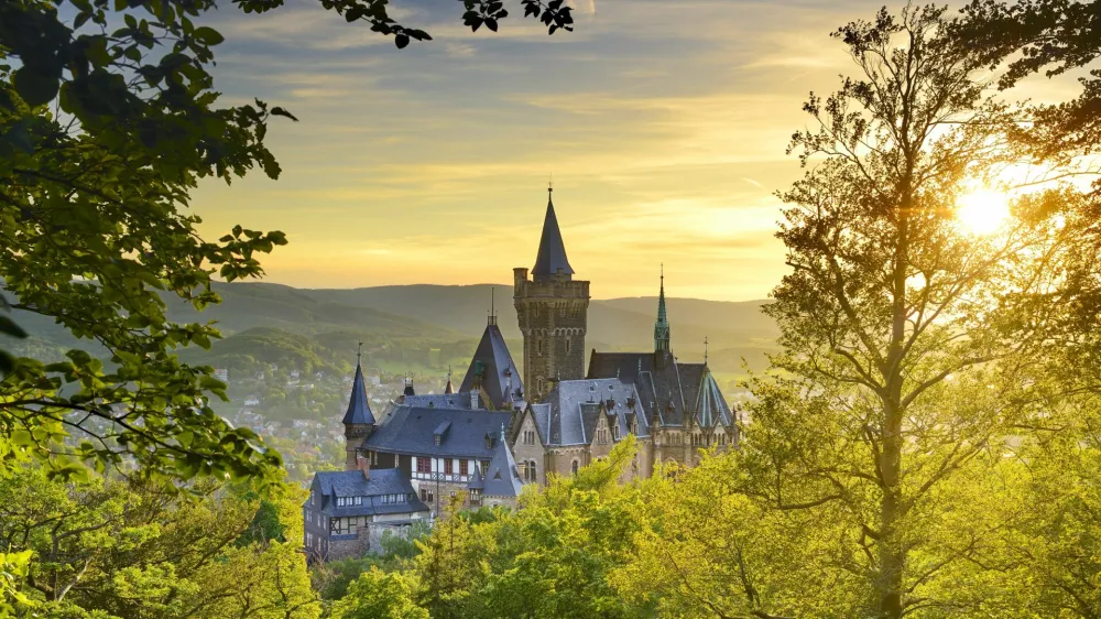 Grad Wernigerode ob sončnem zahodu. 