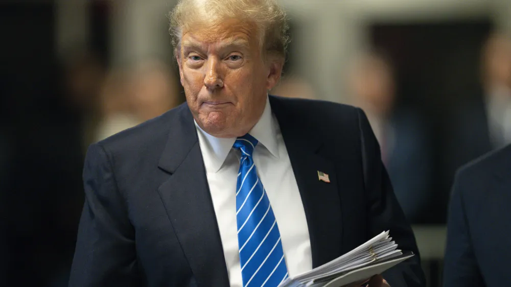 Republican presidential candidate, former U.S. President Donald Trump attends his hush money trial in New York, Monday, May 13, 2024. (Steven Hirsch/New York Post via AP, Pool)