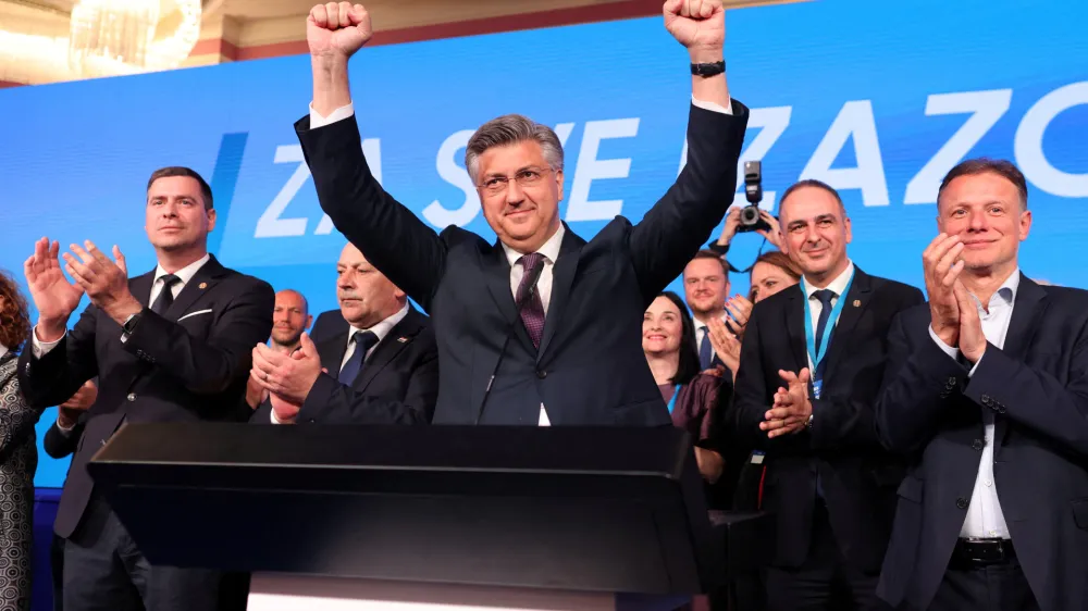 Andrej Plenkovic, Prime Minister of Croatia, reacts to the preliminary results of the country's parliamentary election, in Zagreb, Croatia, April 18, 2024. REUTERS/Antonio Bronic REFILE - CORRECTING DATE FROM "APRIL 17" TO "APRIL 18".