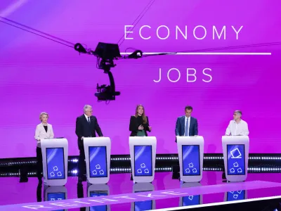 From left, lead candidates for the European Parliament elections, European Commission President Ursula von der Leyen, for the European People's Party, Nicolas Schmit, for the Party of European Socialists, Terry Reintke for the European Greens, Sandro Gozi, for Renew Europe Now and Walter Baier, for the European Left, take part in a debate at the European Parliament in Brussels, Thursday, May 23, 2024. European elections will take place from June 6-9, 2024. (AP Photo/Geert Vanden Wijngaert)