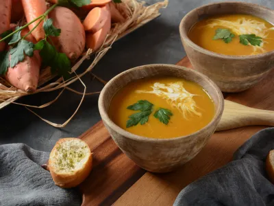 Sweet potato and carrot soup served with sour cream in wooden bowl. Orange vegetable soup concept. Vegan food