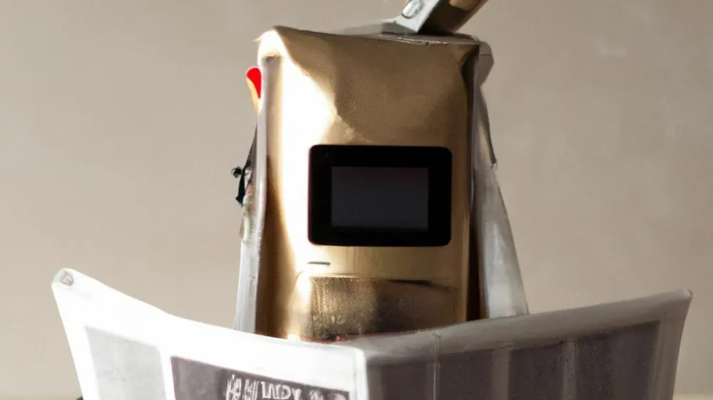 Človek z računalniškim monitorjem namesto glave med prebiranjem časopisa. Fotografijo je izdelala umetna inteligenca Dall-E 2.