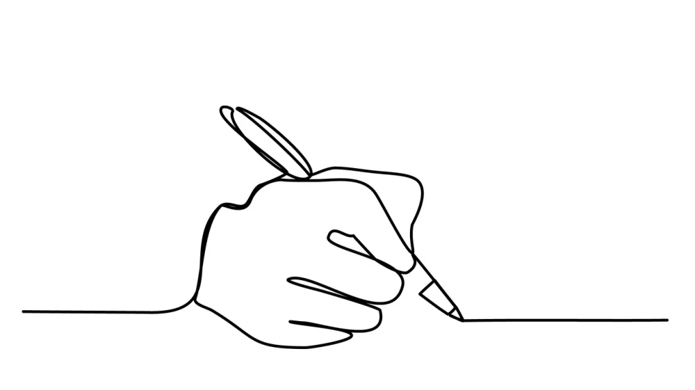 Hand with Pen a Person writes on paper Record Write a Letter sign an agreement Contract Continuous Line drawing black on white isolated vector trendy illustration / Foto: Yulya Bortulyova