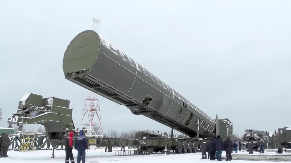 ﻿In this video grab provided by RU-RTR Russian television via AP television on Thursday, March 1, 2018, Russia's new Sarmat intercontinental missile is shown at an undisclosed location in Russia. President Vladimir Putin declared Thursday that Russia has developed a range of new nuclear weapons, claiming they can't be intercepted by enemy. (RU-RTR Russian Television via AP)