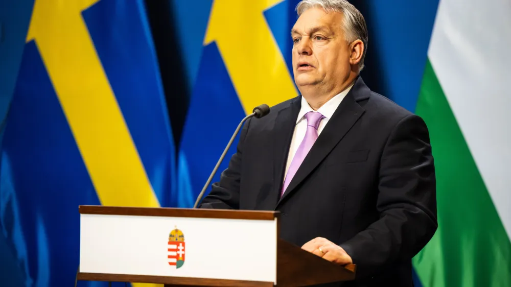 FILED - 23 February 2024, Hungary, Budapest: Hungarian Prime Minister Viktor Orban speaks during press conference with Swedish Prime Minister Ulf Kristersson. Photo: Marton Monus/dpa