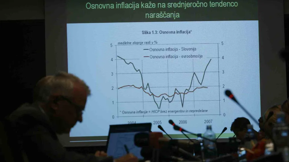 - Svet Banke Slovenije (BS) - - poročilo o cenovni stabilnosti - osnovna inflacija kaže na srednjeročno tendenco naraščanja - - obravnavali gospodarska in finančna gibanja v letu 2007 ter sprejeli poročilo o cenovni stabilnosti. - - svet ugotavlja, da je rast inflacije poleg rasti cene hrane in naftnih derivatov posledica tudi notranjih dejavnikov, pregretosti nekaterih sektorjev gospodarstva, pa tudi nekonkurenčnega okolja nekaterih panog, v katerih lahko ponudniki zvišujejo ceno//FOTO: Matej Povše   OPOMBA: ZA OBJAVO V ČASOPISU DNEVNIK