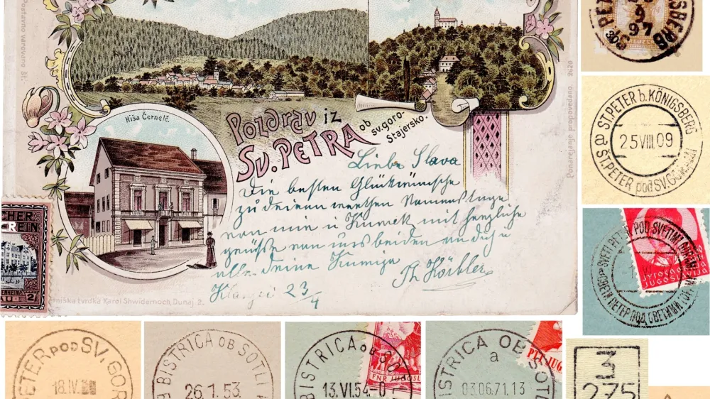 Razglednica Sv. Peta pod Svetimi gorami iz leta 1900, ob njej pregled žigov krajevne pošte, spodaj desno sta kontrolna žiga.