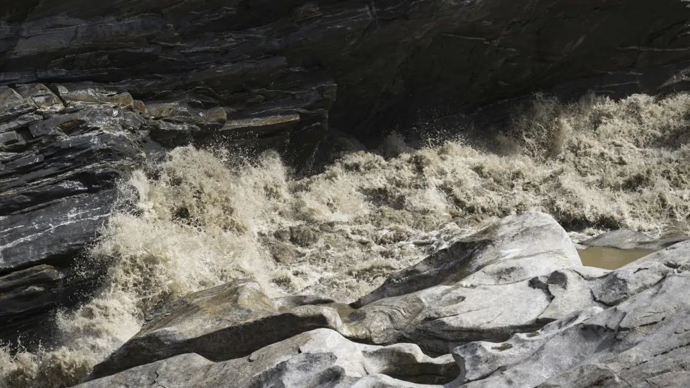 View of the Maggia river following the heavy rain and storms, in Valle Maggia, Switzerland, Sunday, June 30, 2024. (Pablo Gianinazzi/Keystone via AP)